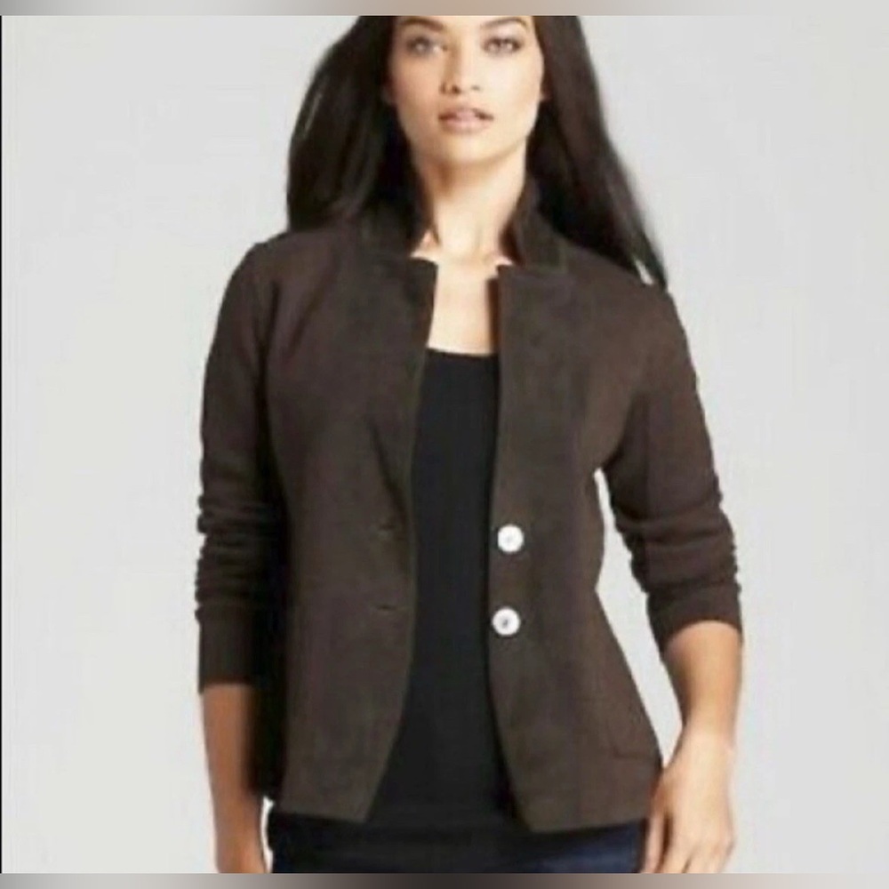 Woman EILEEN FISHER brown Merino Wool Lamb Leather Button Cardigan Sweater sz XL